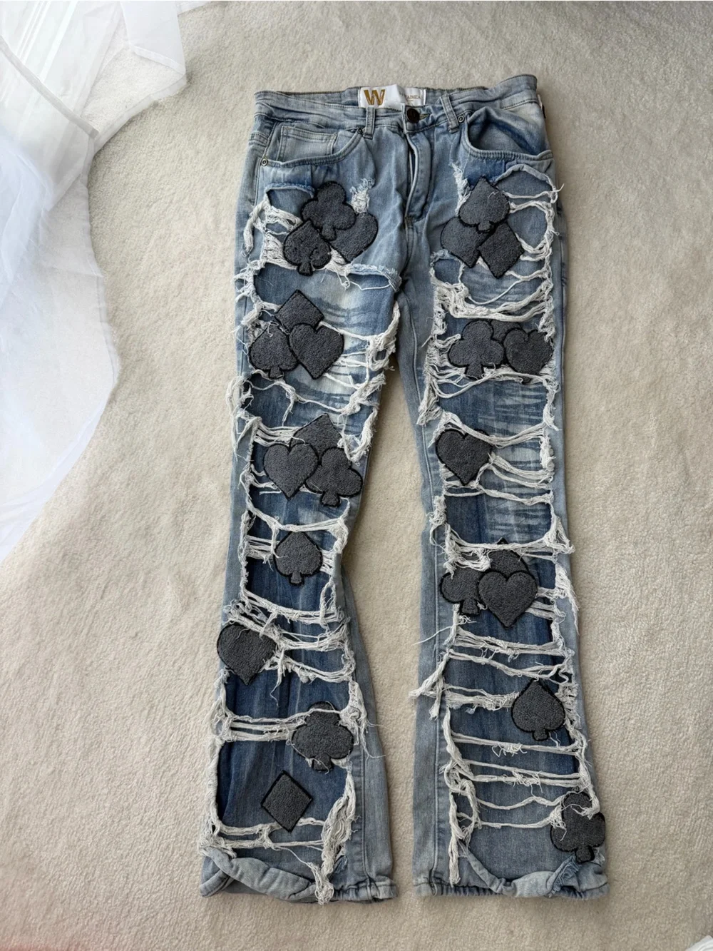 W by Waimea Light Blue Distressed Flare Jeans with Black Patch Heart Motifs